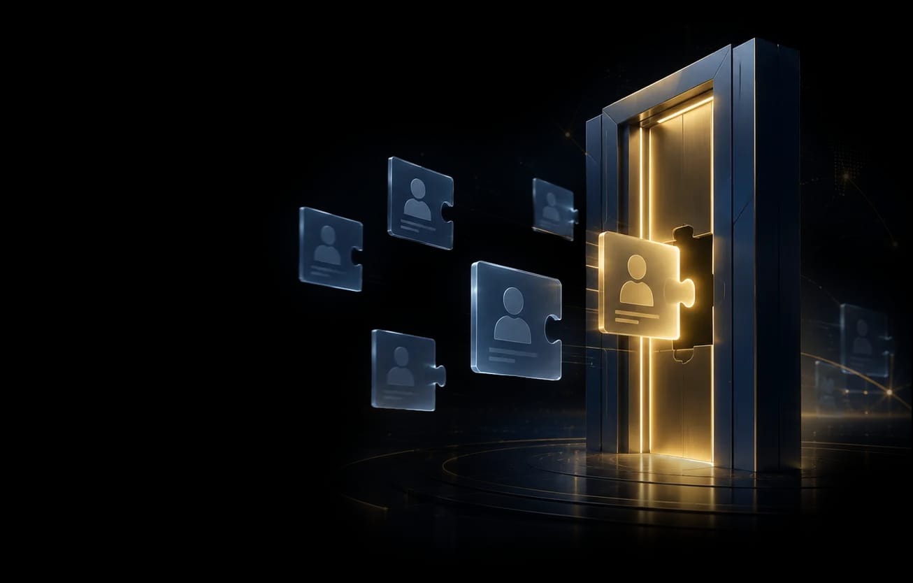 Illustration of a glowing doorway with a golden ID-badge puzzle piece unlocking access, surrounded by floating institutional profile cards