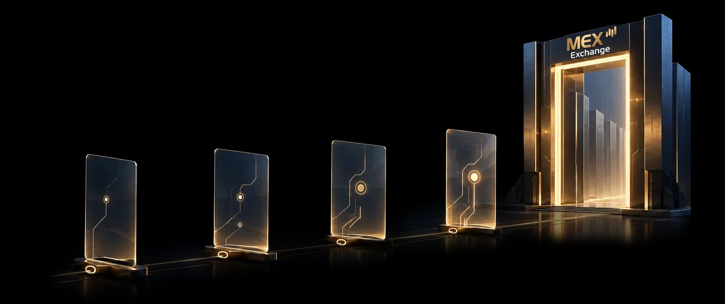 Illustration of glowing glass panels connected by a golden light path leading to a MEX Exchange branded doorway