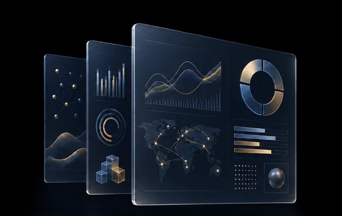 Illustration of layered analytics dashboard cards with charts, a world settlement map and metrics