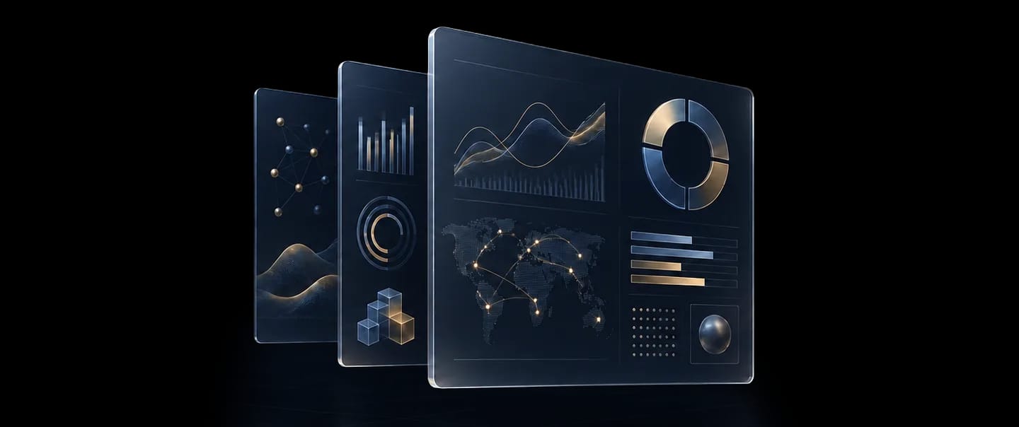 Illustration of layered analytics dashboard cards with charts, a world settlement map and metrics