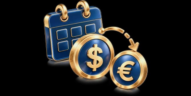 Navy calendar with gold dollar and euro coins