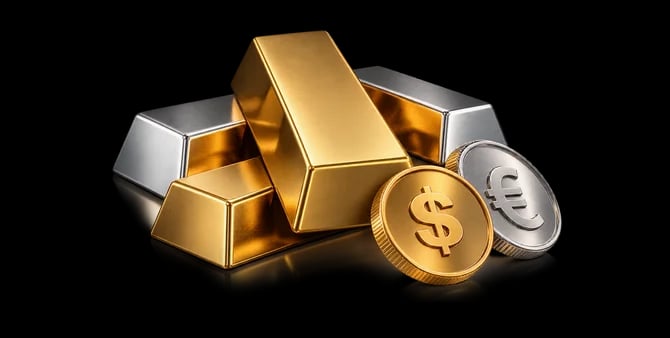 Gold and silver bars with dollar and euro coins