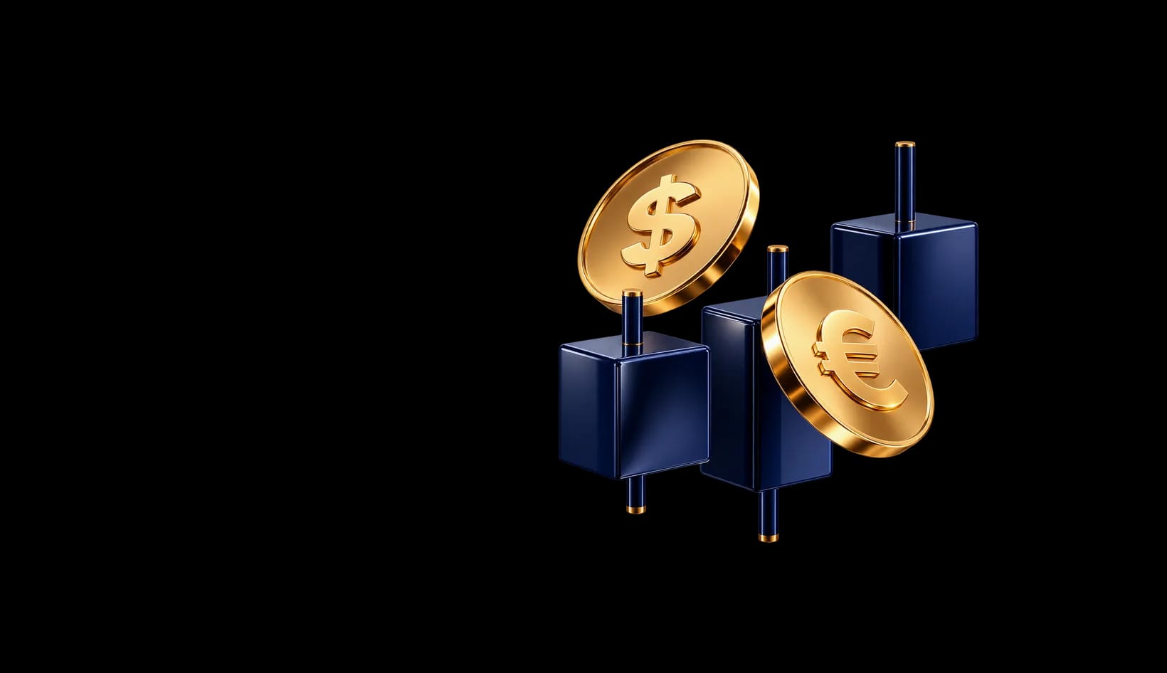Gold dollar and euro coins on navy candlestick blocks