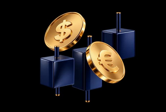 Gold dollar and euro coins on navy candlestick blocks