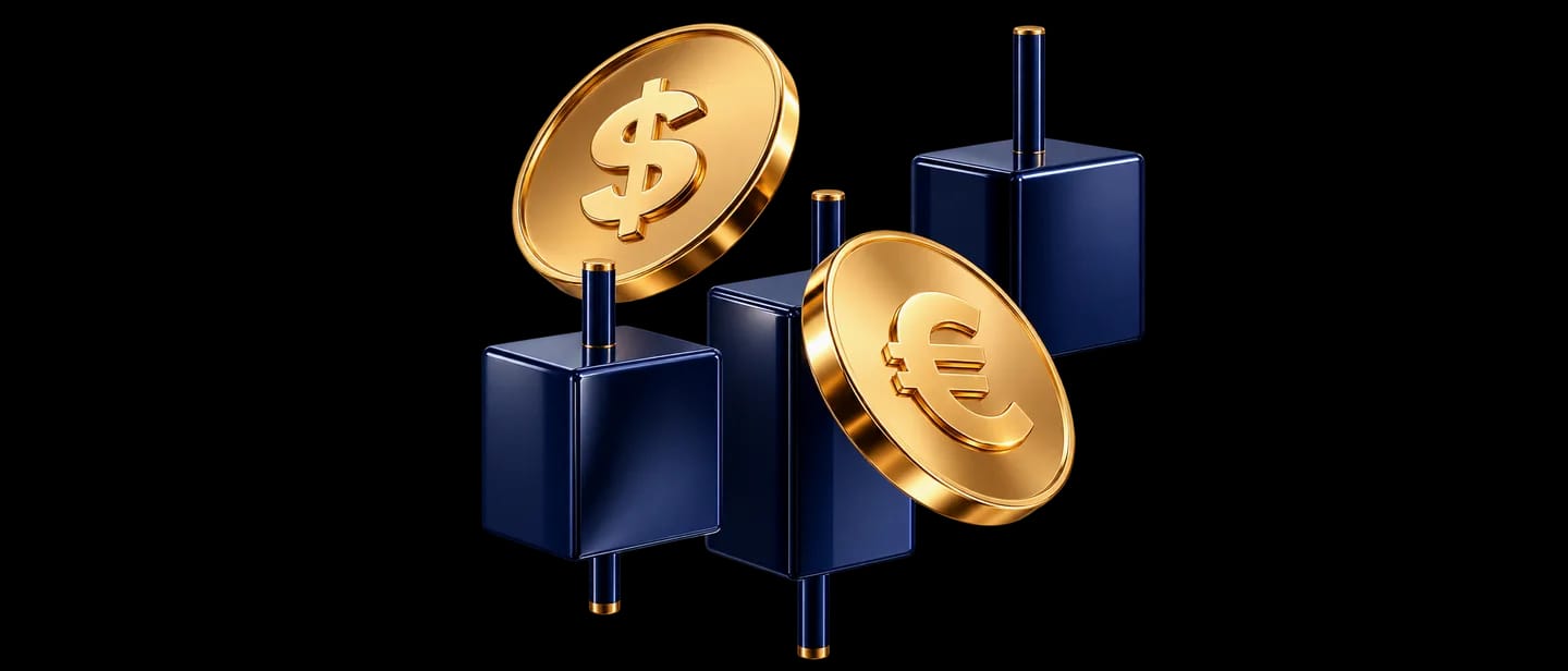 Gold dollar and euro coins on navy candlestick blocks
