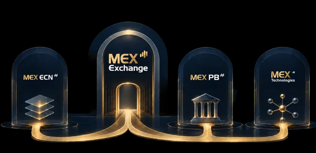 Diagram showing MEX Exchange connected to MEX ECN, MEX PB and MEX Technologies