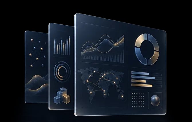 Illustration of layered analytics dashboard cards with charts, a world settlement map and metrics